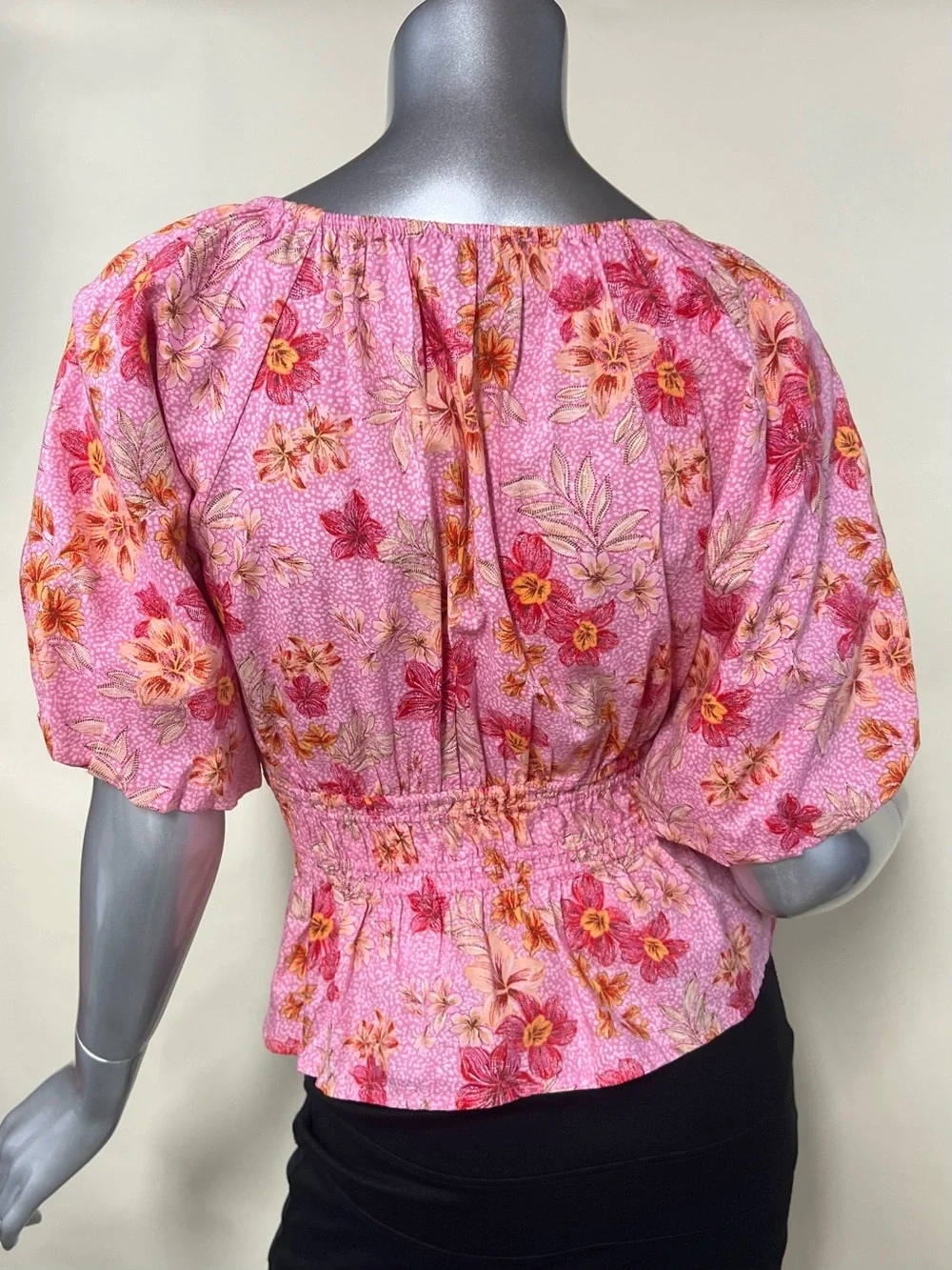 LOFT Pink Floral Puff Sleeve V Neck Blouse Smocked Waist Feminine SMALL PETITE